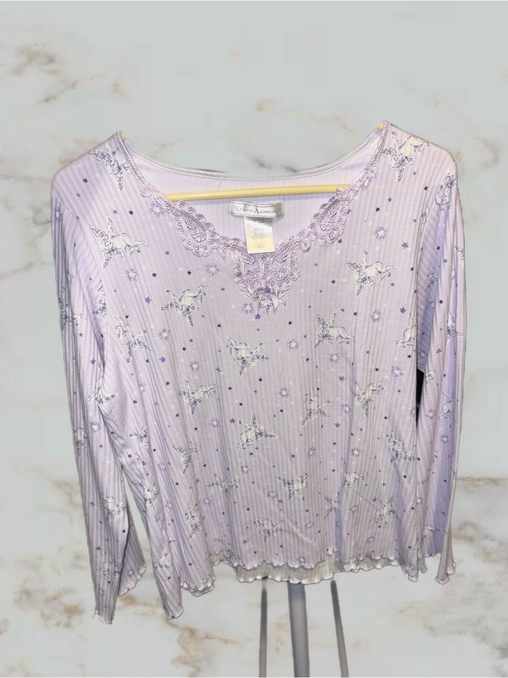 Lavender Lace-Trim Long Sleeve Tee with Star & Unicorn Print